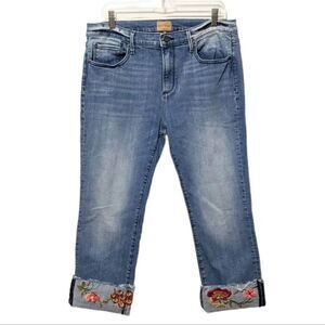 DRIFTWOOD Jackie Crop Floral Embroidered Flip Cuff Jeans 32